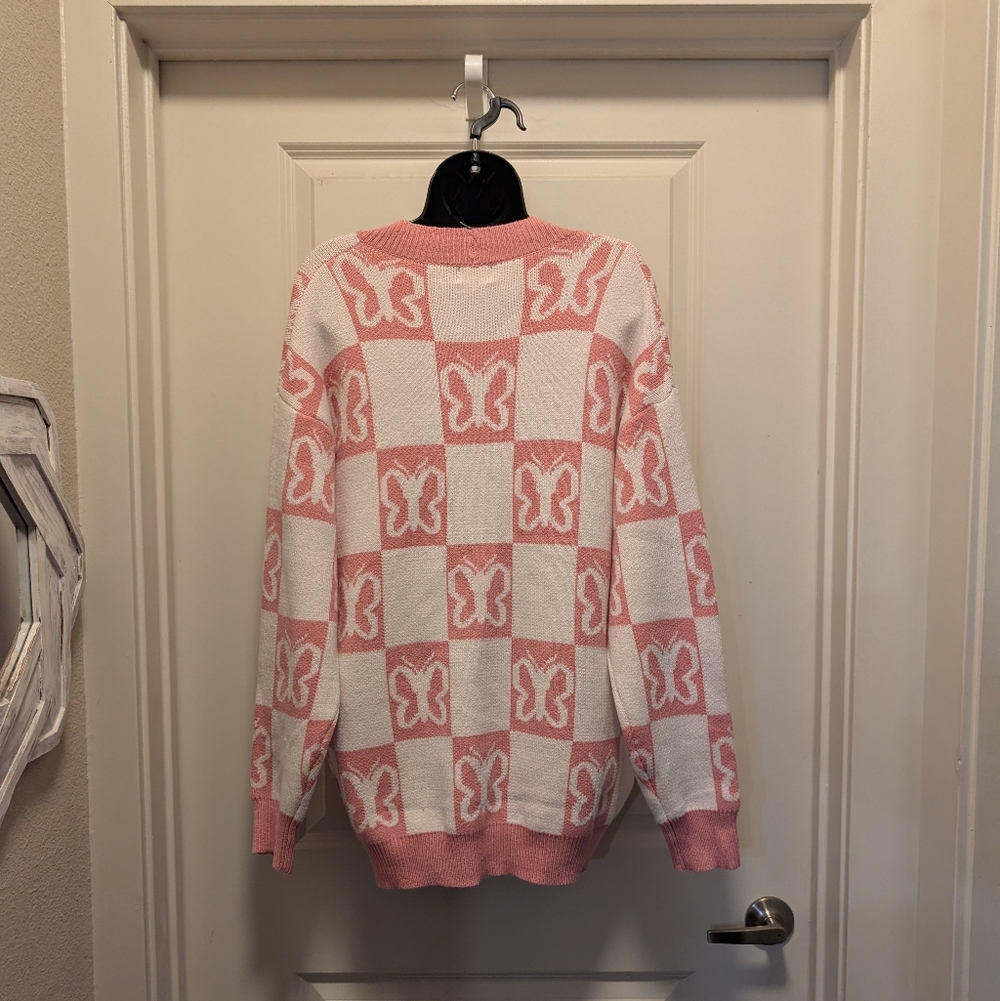 Pink & White Checkered Butterfly Print Boutique Cardigan - Picture 2 of 4
